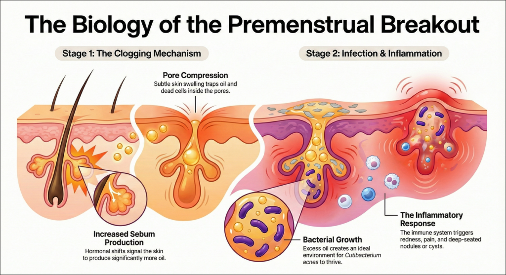 Line graph illustrating the rise and fall of estrogen, progesterone, and androgen levels across a 28-day menstrual cycle, correlated with periods of higher acne risk.