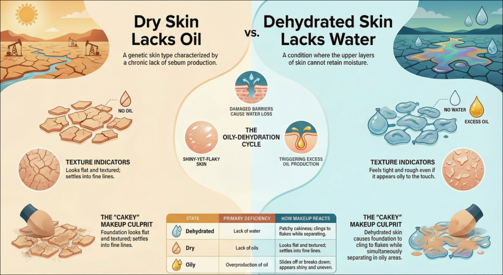 Diagram of dehydrated oily skin anatomy showing a compromised moisture barrier leading to water loss and surface flakes.