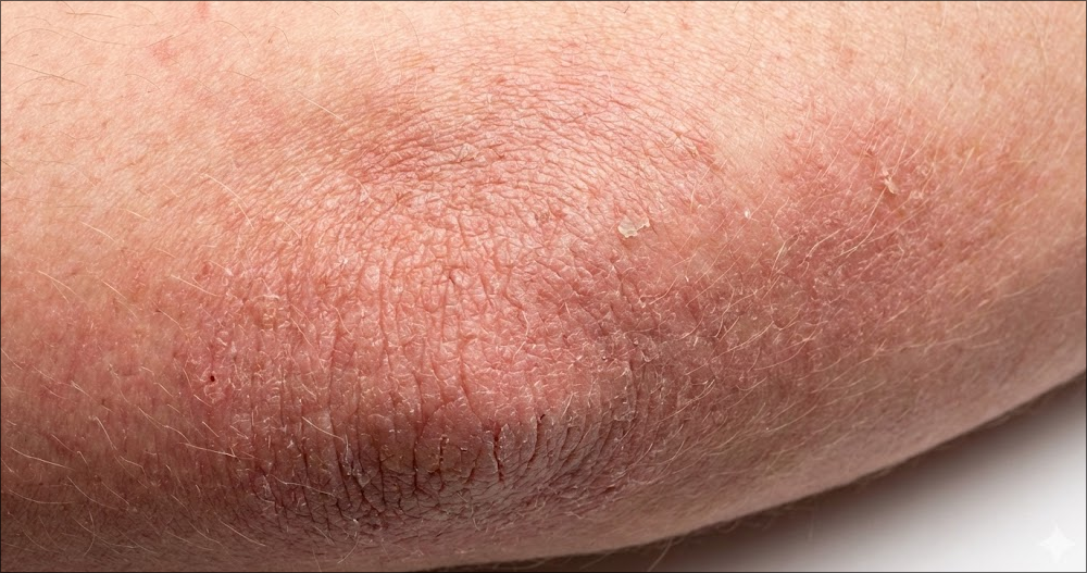 A visual example of a dry, scaly skin patch caused by eczema, located in the inner elbow crease.