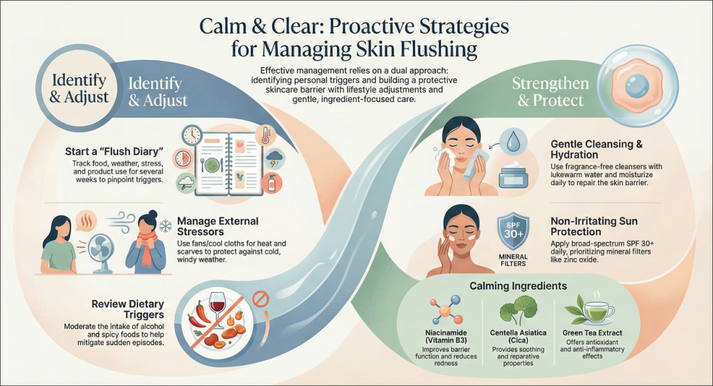 Assortment of gentle skincare products for sensitive, redness-prone skin on a neutral background.