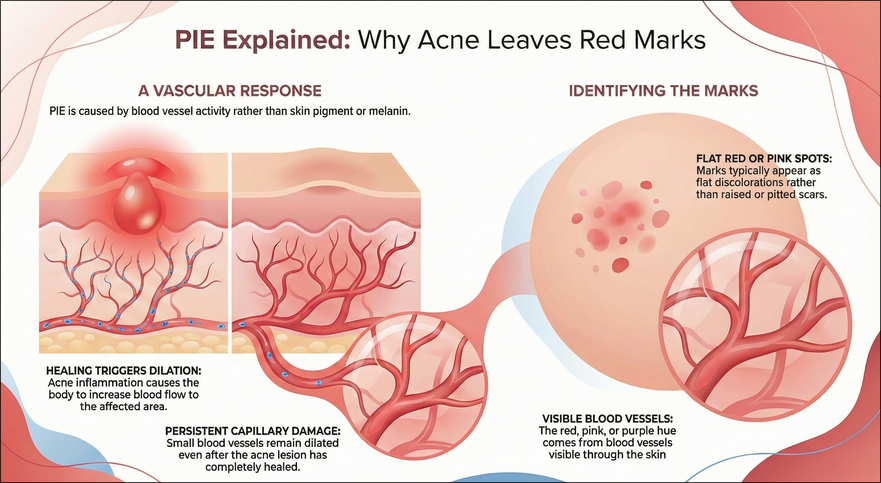 Diagram showing a cross-section of skin with a dilated capillary (blood vessel) near the surface, illustrating the cause of persistent red acne marks.