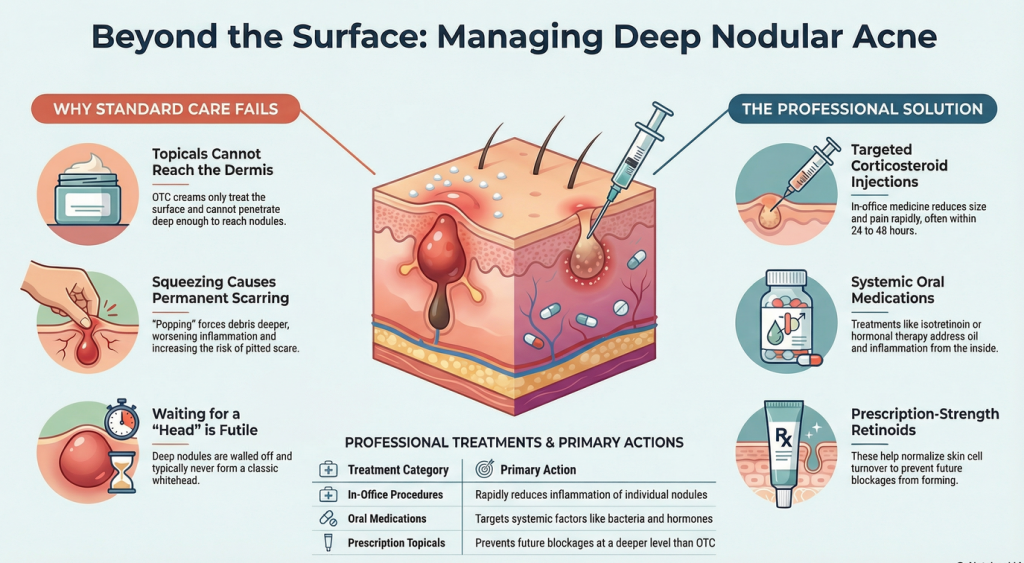 Infographic explaining care for a hard lump under the skin on the chin, comparing ineffective methods with professional approaches.