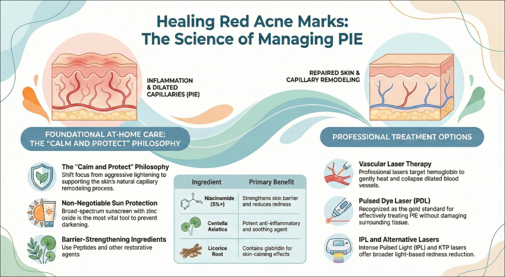 Side-by-side view showing both a daily home care routine and a clinical laser procedure as approaches for addressing stubborn post-acne redness.