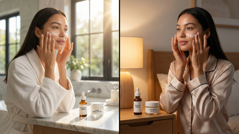 A split image comparing skincare routines: a woman applying sunscreen in a sunny morning bathroom versus applying night cream in a softly lit bedroom.
