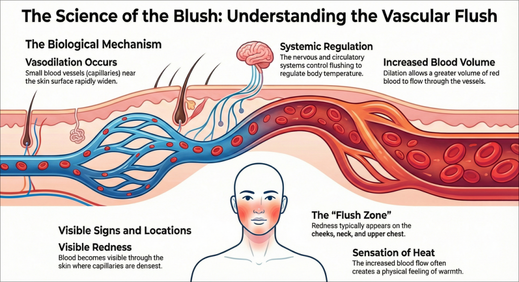 Diagram showing how blood vessel dilation under the skin causes visible flushing and redness.