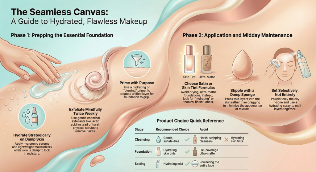 Infographic of a 5-step skincare routine to prevent cakey and flaky makeup on dehydrated skin