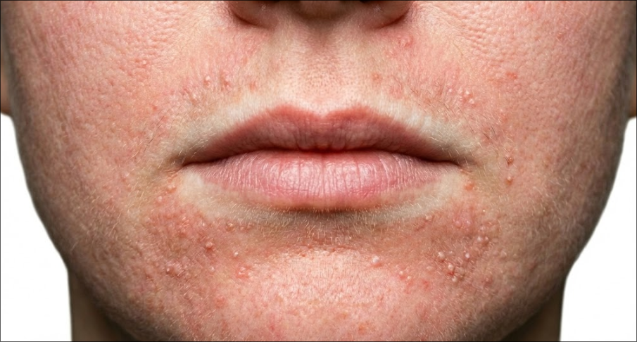 An extreme close-up, clinical-style photograph of perioral dermatitis on the skin around the mouth. The image shows a cluster of small, red inflammatory papules and pustules. A distinct clear band of unaffected skin is visible right next to the lip border. Fine details like skin texture, subtle redness (erythema), and minor scaling are captured under bright, neutral lighting.